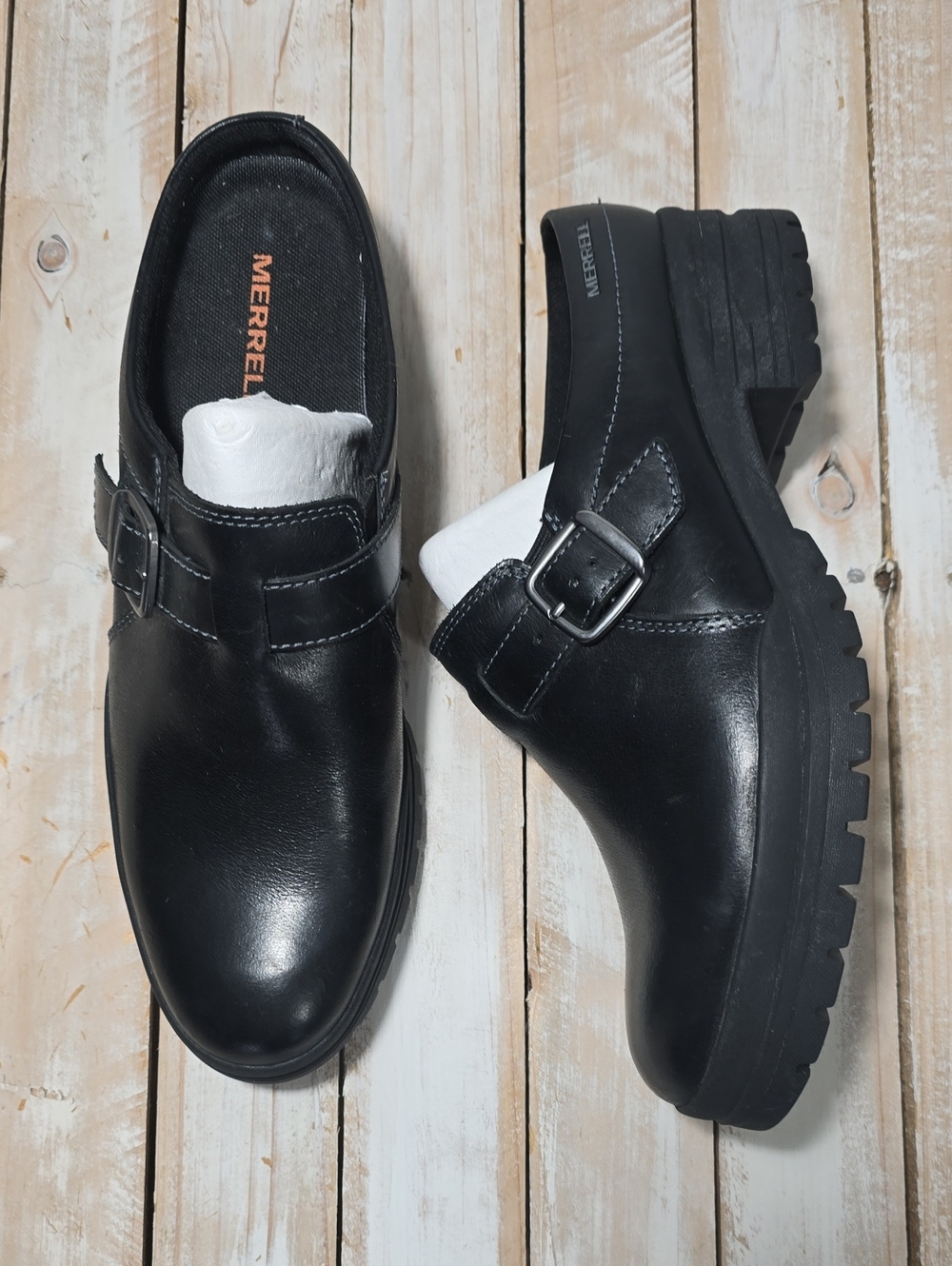 Merrell Black Leather Buckle Clog Mules